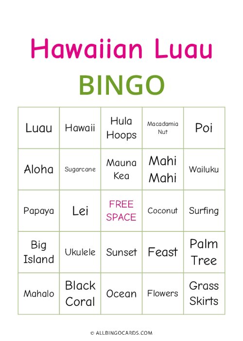 Hawaiian Luau Bingo