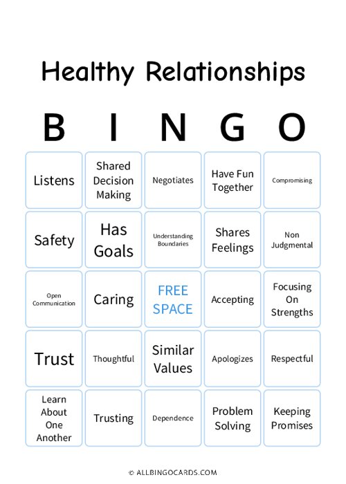 Healthy Relationships Bingo