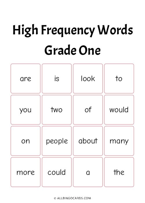 Grade 1: High Frequency Words Bingo