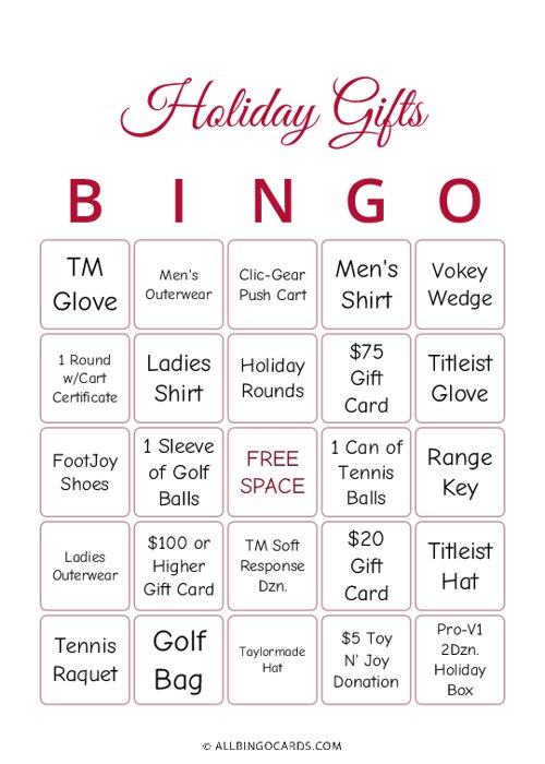 Holiday Gifts Bingo