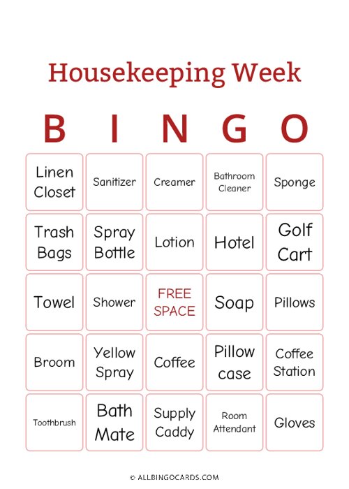 Housekeeping Week Bingo