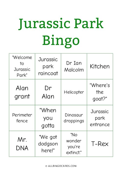 Jurassic Park Bingo