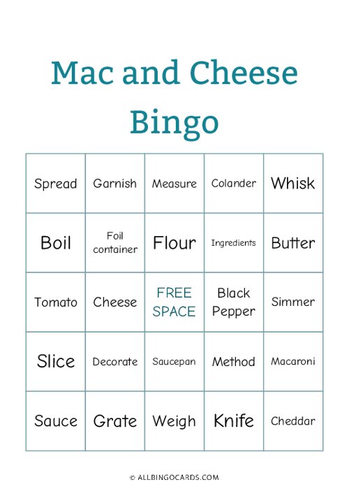 Mac and Cheese Bingo