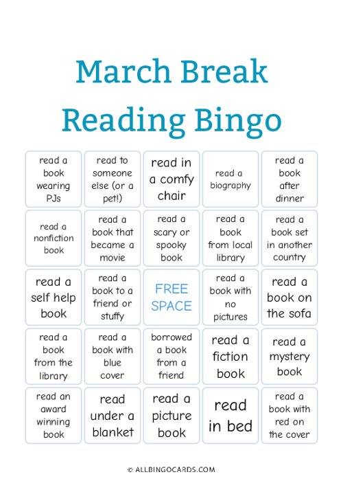 March Break Reading Bingo