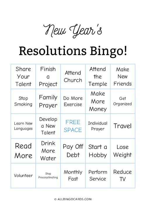 New Years Resolution Bingo