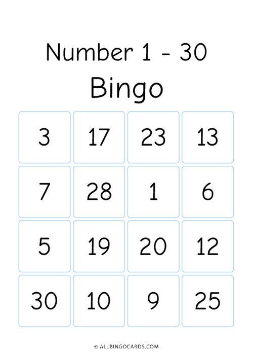 Numbers 1 - 30 Bingo