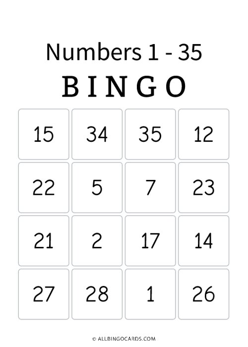 Numbers 1 35 Bingo Cards