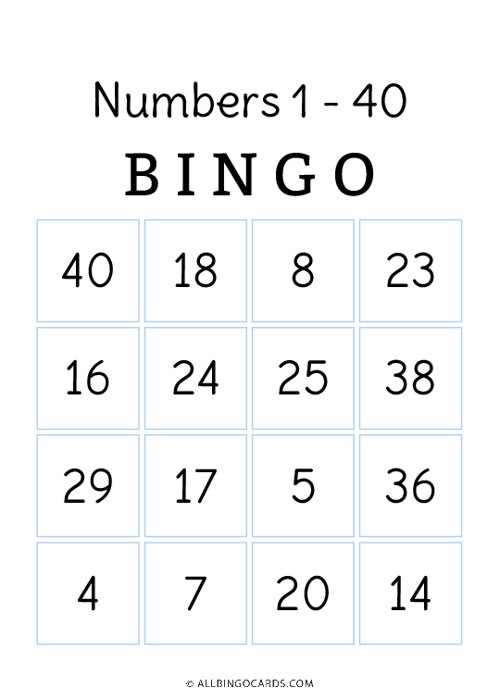 1 - 40 Number Bingo