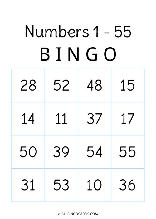 1 - 55 Number Bingo