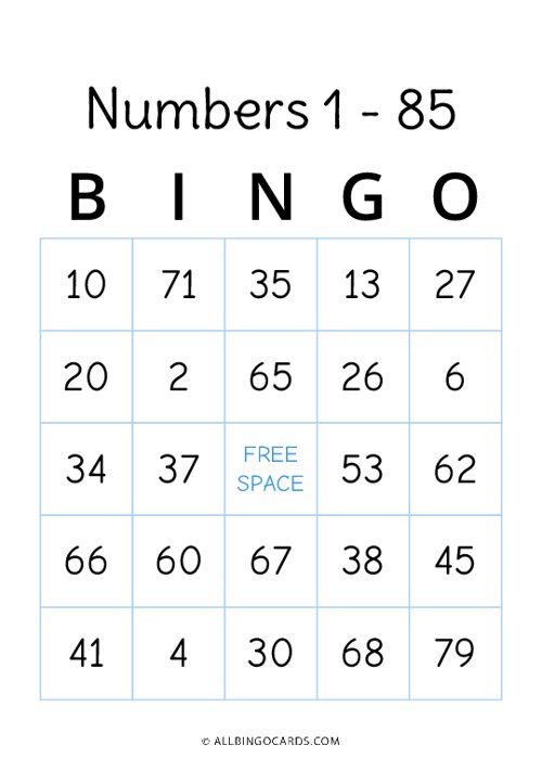 Numbers 1 - 85 Bingo