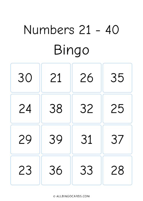 Numbers 21-40 Bingo