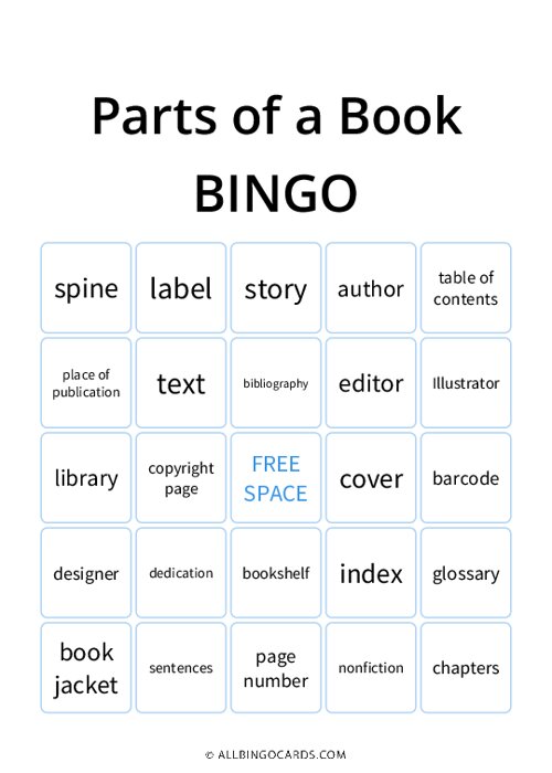 Parts of a Book Bingo