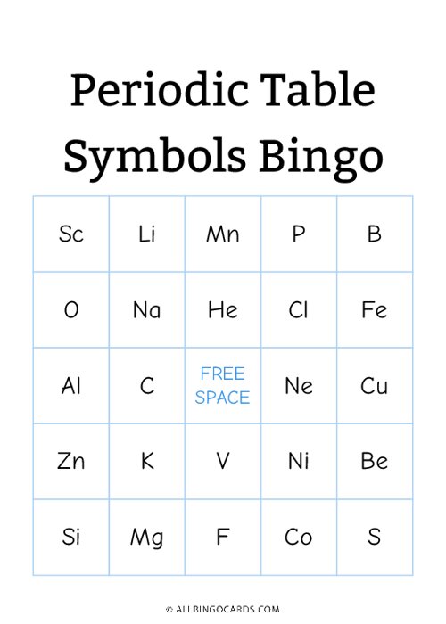 Periodic Table Symbols Bingo