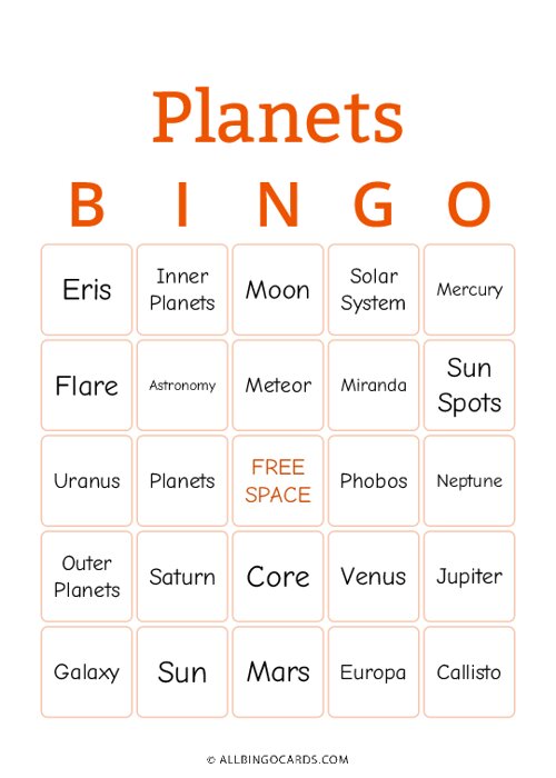 Planets Bingo