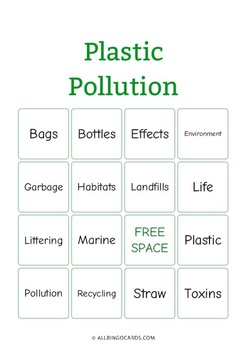 Plastic Pollution Bingo