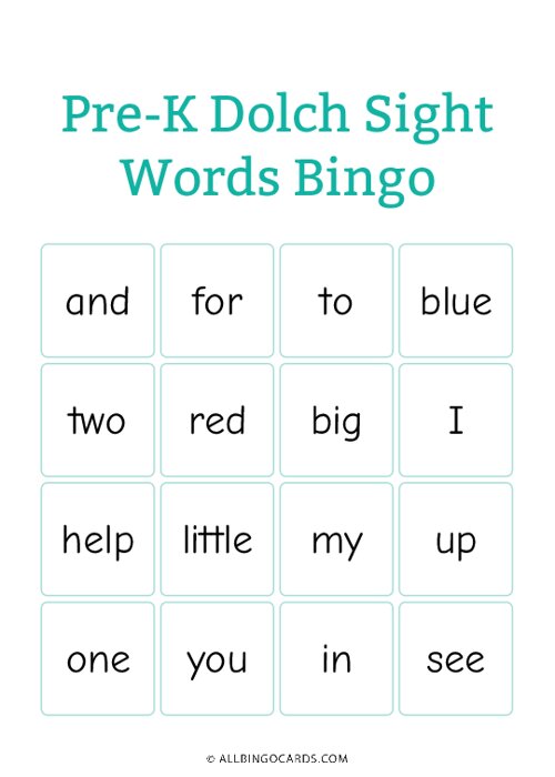 Pre-K Dolch Sight Words Bingo
