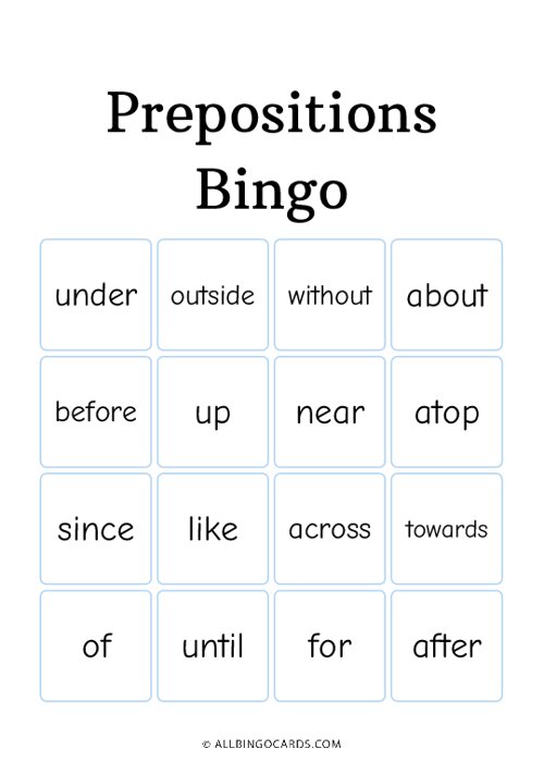 Prepositions Bingo