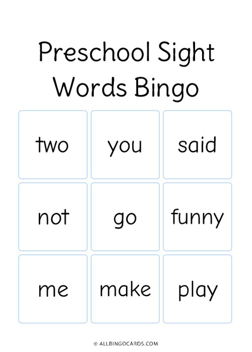 Preschool Sight Words Bingo