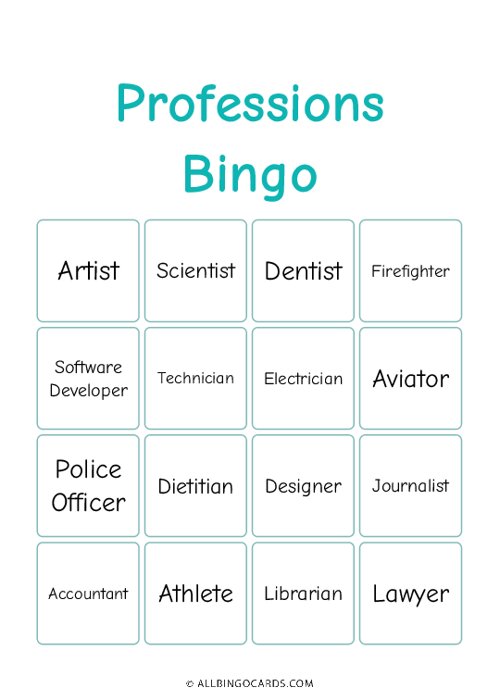 Professions Bingo