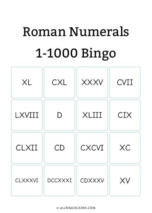 Roman Numerals 1-1000 Bingo