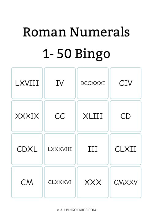 Roman Numerals 1- 50 Bingo