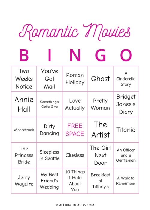 Romantic Movies Bingo