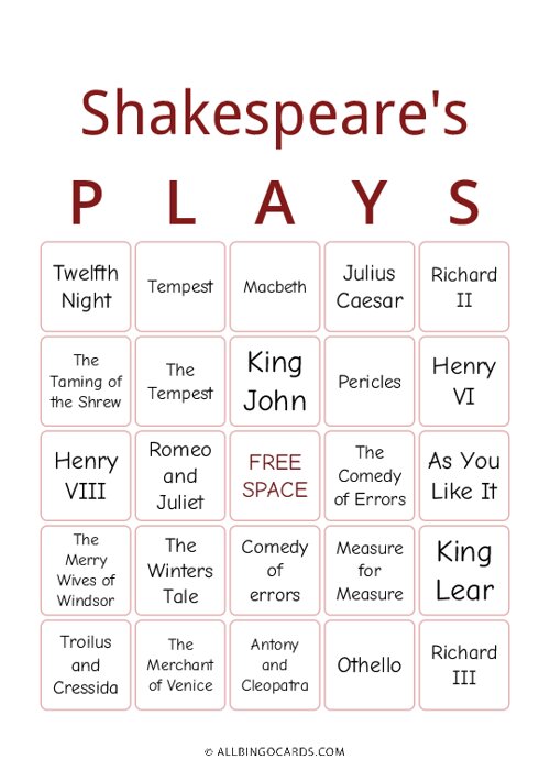 Shakespeares Plays Bingo