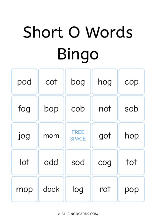 Short O Words Bingo