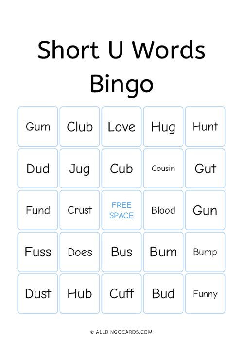 Short U Words Bingo