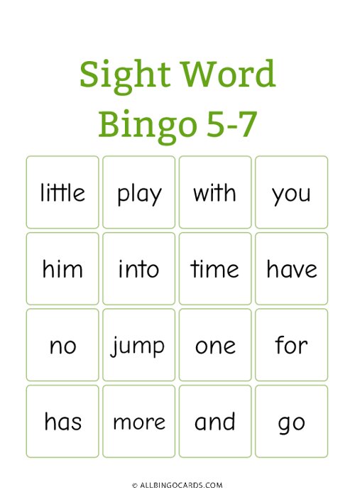 Sight Word Bingo 5-7