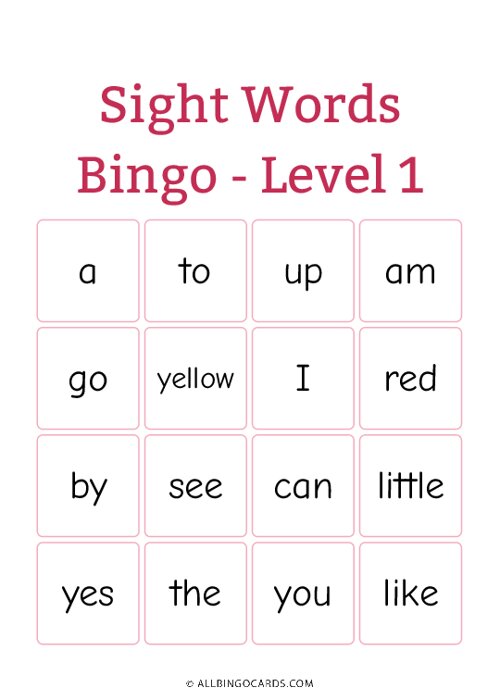 Sight Words Bingo - Level 1