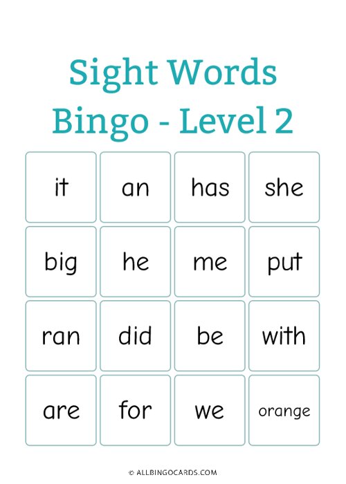 Sight Words Bingo - Level 2