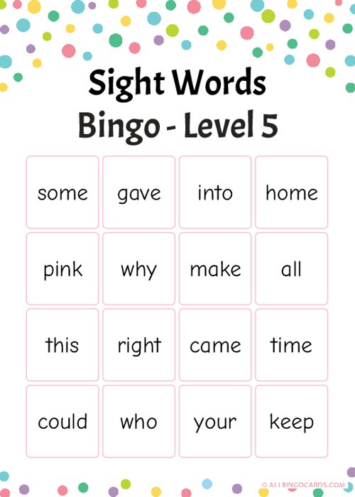 Sight Words Bingo - Level 5