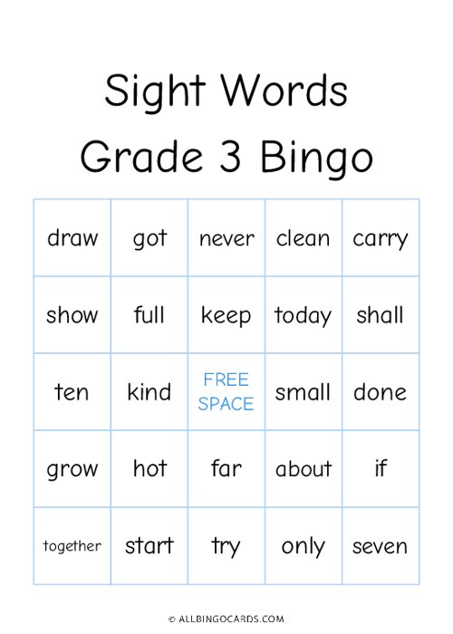 Grade 3 Sight Words Bingo