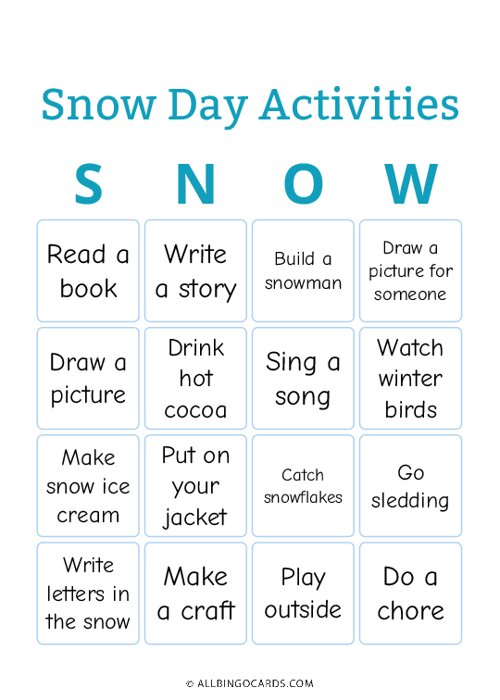 Snow Day Activities Bingo