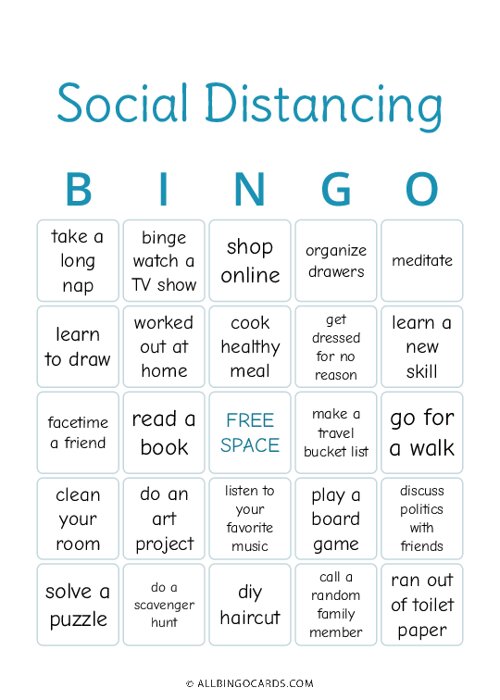 Social Distancing Bingo
