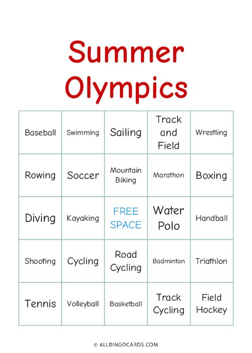 Summer Olympics Bingo