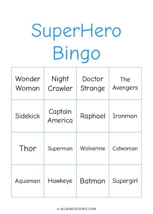 SuperHero Bingo