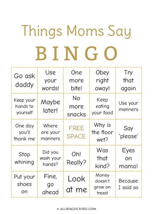 Things Moms Say Bingo