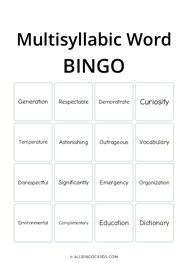 Multisyllabic Word Bingo