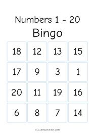 1 - 20 Number Bingo