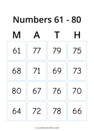 Numbers 61 - 80 Math Bingo