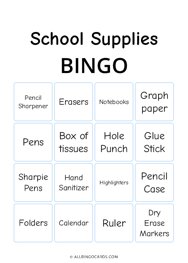 School Supplies Bingo