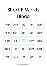 Short E Words Bingo
