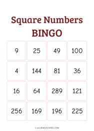 Square Numbers Bingo