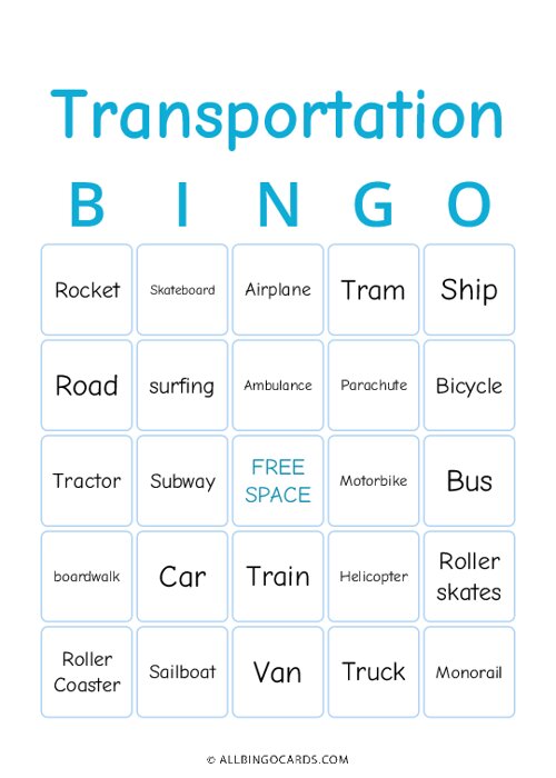 Transportation Bingo