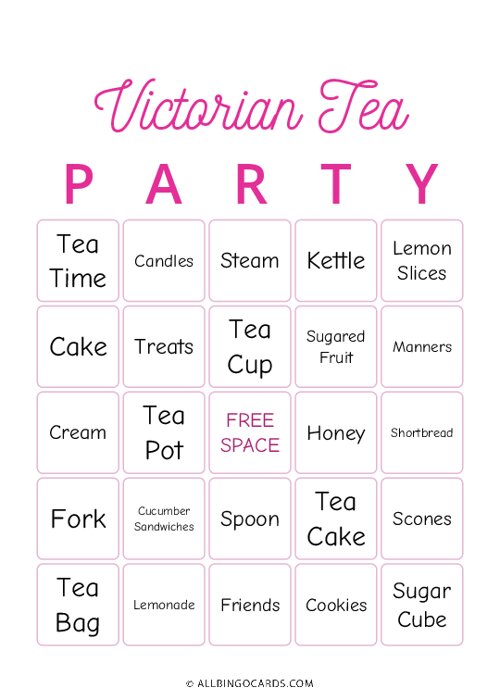 Victorian Tea Party Bingo