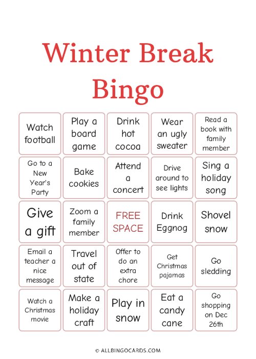 Winter Break Bingo