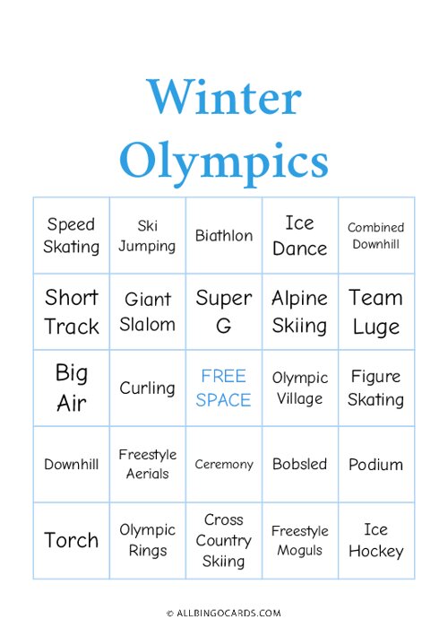 Winter Olympics Bingo