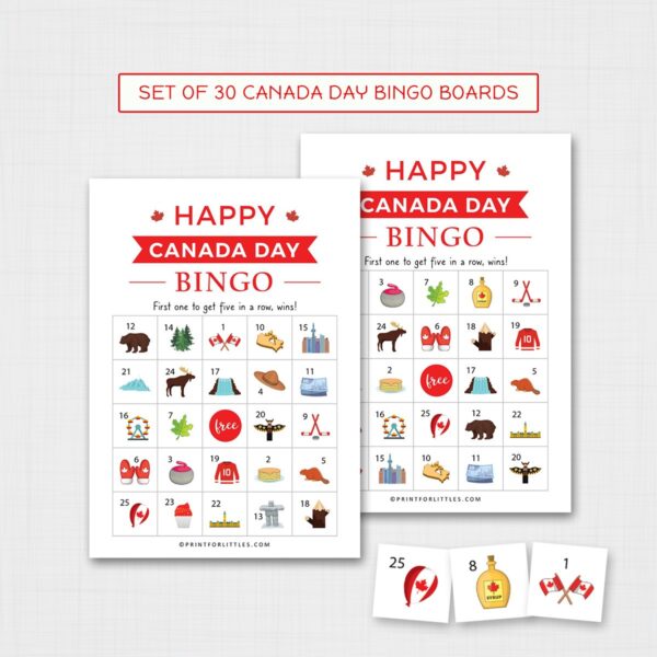 Set of 30 Happy Canada Day Bingo Cards